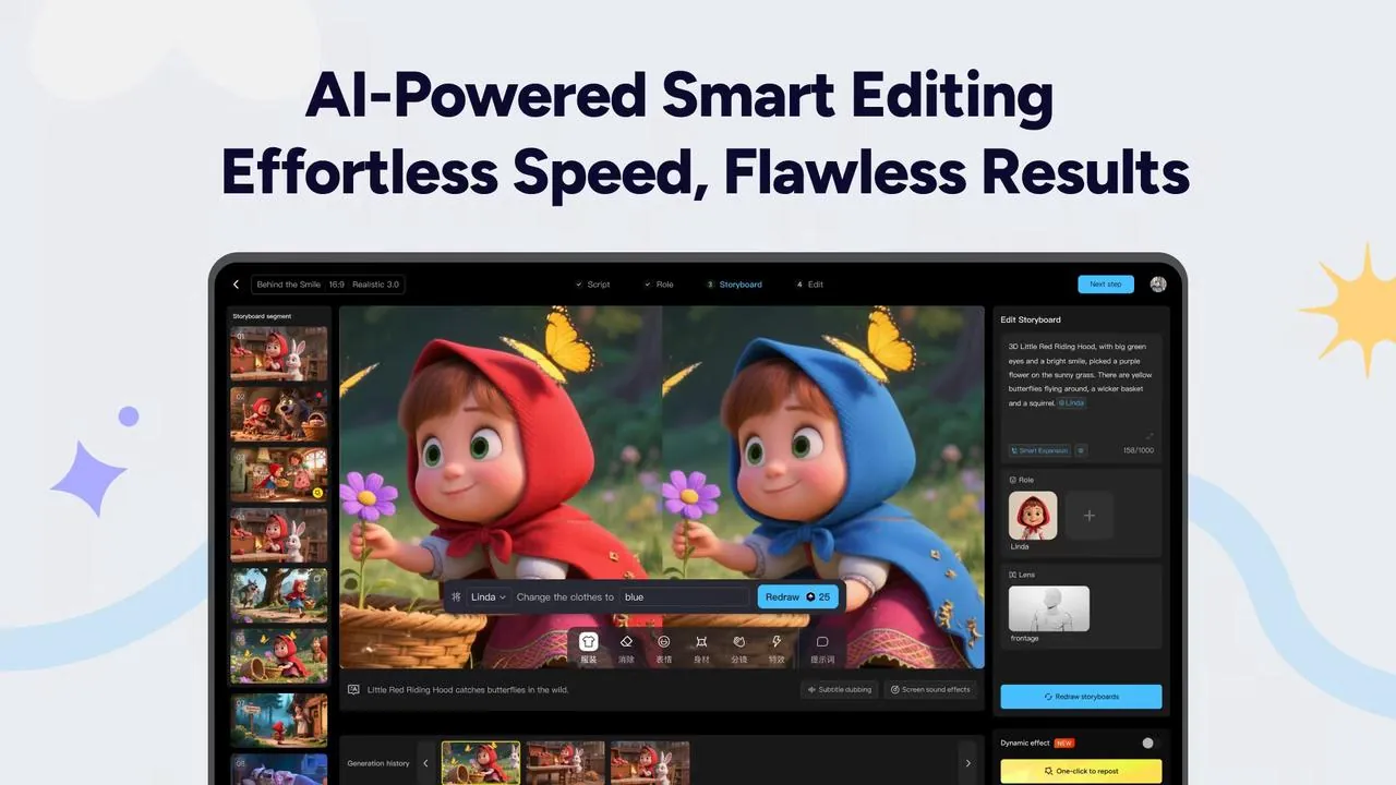 MagicLight storyboard editor: a text prompt changes Little Red Riding Hood's hood from red to blue