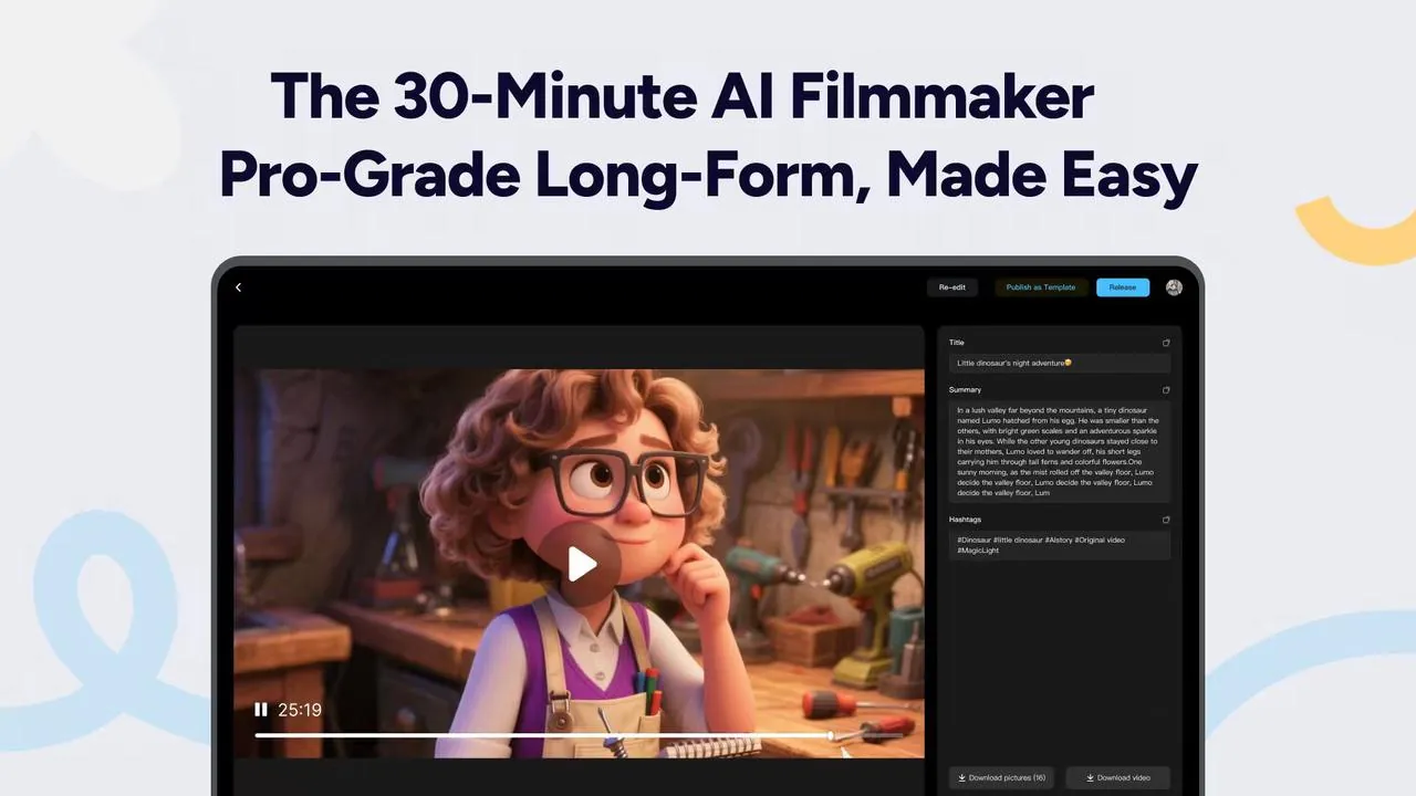 MagicLight export screen showing a finished 25-minute animated film with auto-generated title, summary and hashtags